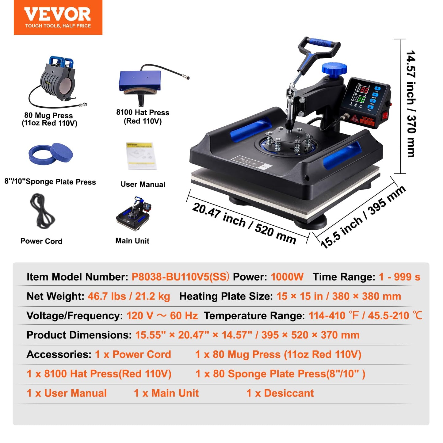 VEVOR Heat Press, Upgrade 5 in 1 Heat Press Machine for T-Shirt Hat Cap Mug Plate Sublimation, 15x15 inch Anti-Scald Fast Swing Away Digital Control Multifunction, Blue
