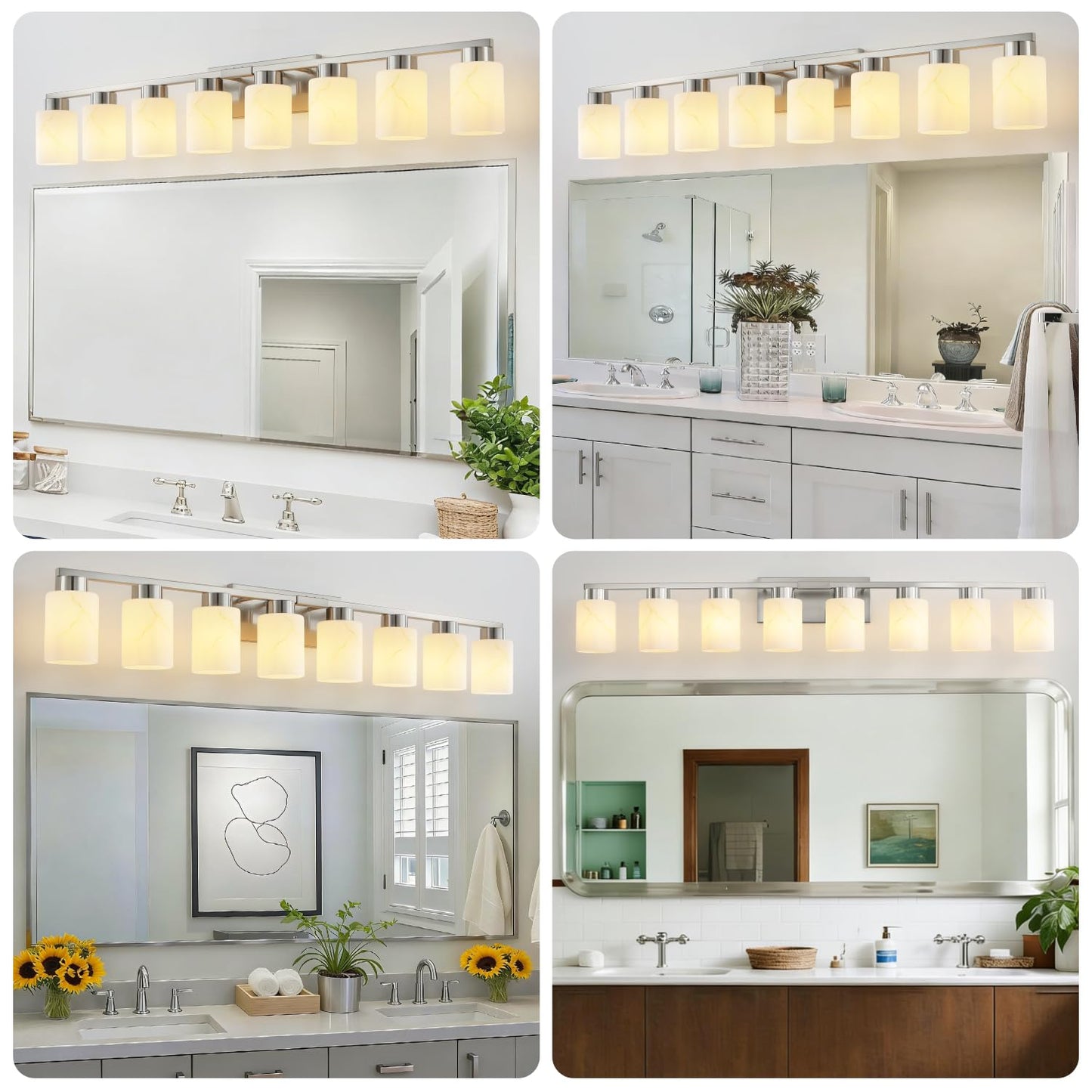 Mieloxiy 8-Light Bathroom Light Fixtures, Modern Vanity Lights, Brushed Nickel Metal Wall Lamp with White Marble Glass for Bathroom, Mirror, Living Room, Bedroom, Cabinet, Porch, Hallway, E26 Base