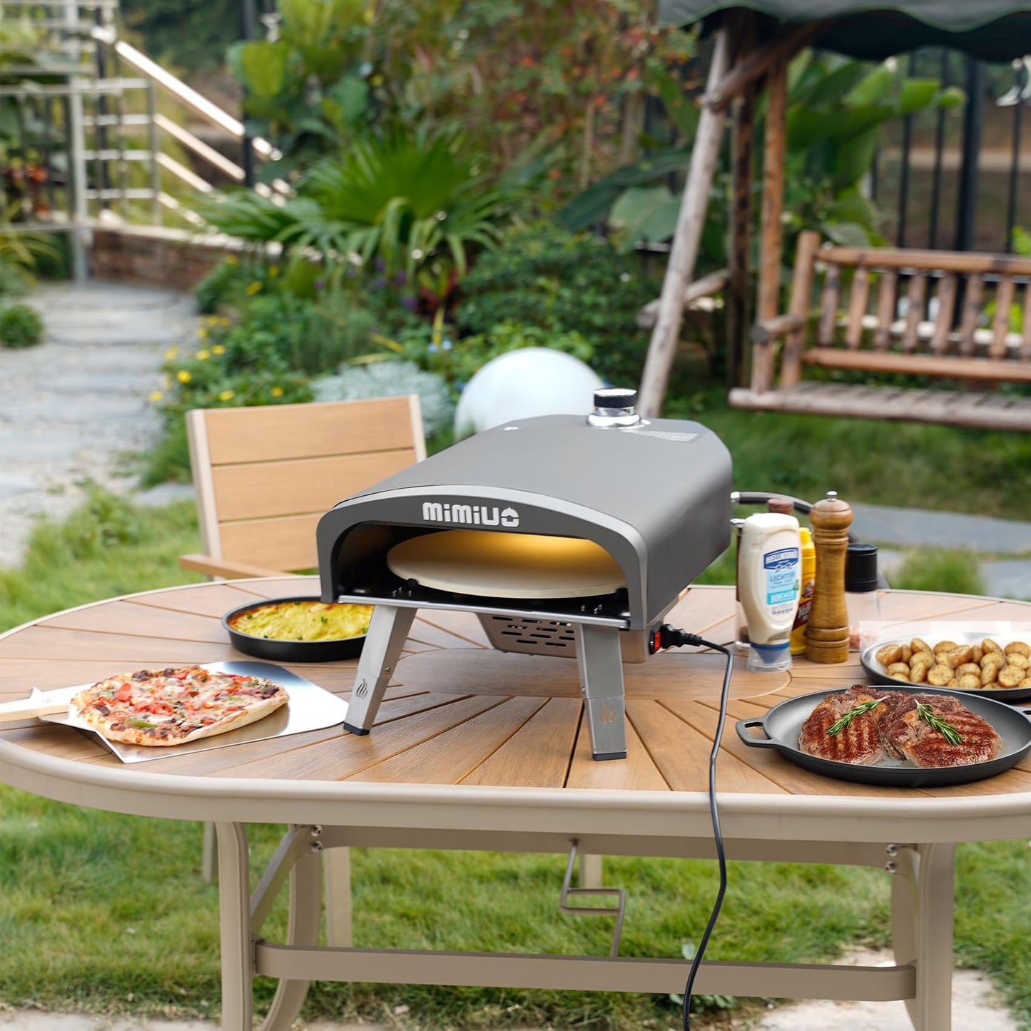 Mimiuo Outdoor Gas Pizza Oven with Automatic Rotating Stone - 39 lbs Heavy Duty Propane Pizza Stove 14 Inch for Backyard Camping, Bakes Pizza in 60 Seconds, Includes Pizza Stone, Peel & Cover