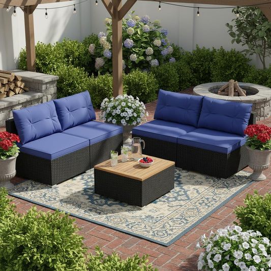 Tangkula 5 Pieces Wicker Patio Furniture Set, Outdoor 4 Armless Rattan Sofa & Coffee Table Set, with Cushions, Acacia Wood Tabletop, Sectional Patio Conversation Set for Lawn, Yard, Poolside, Navy