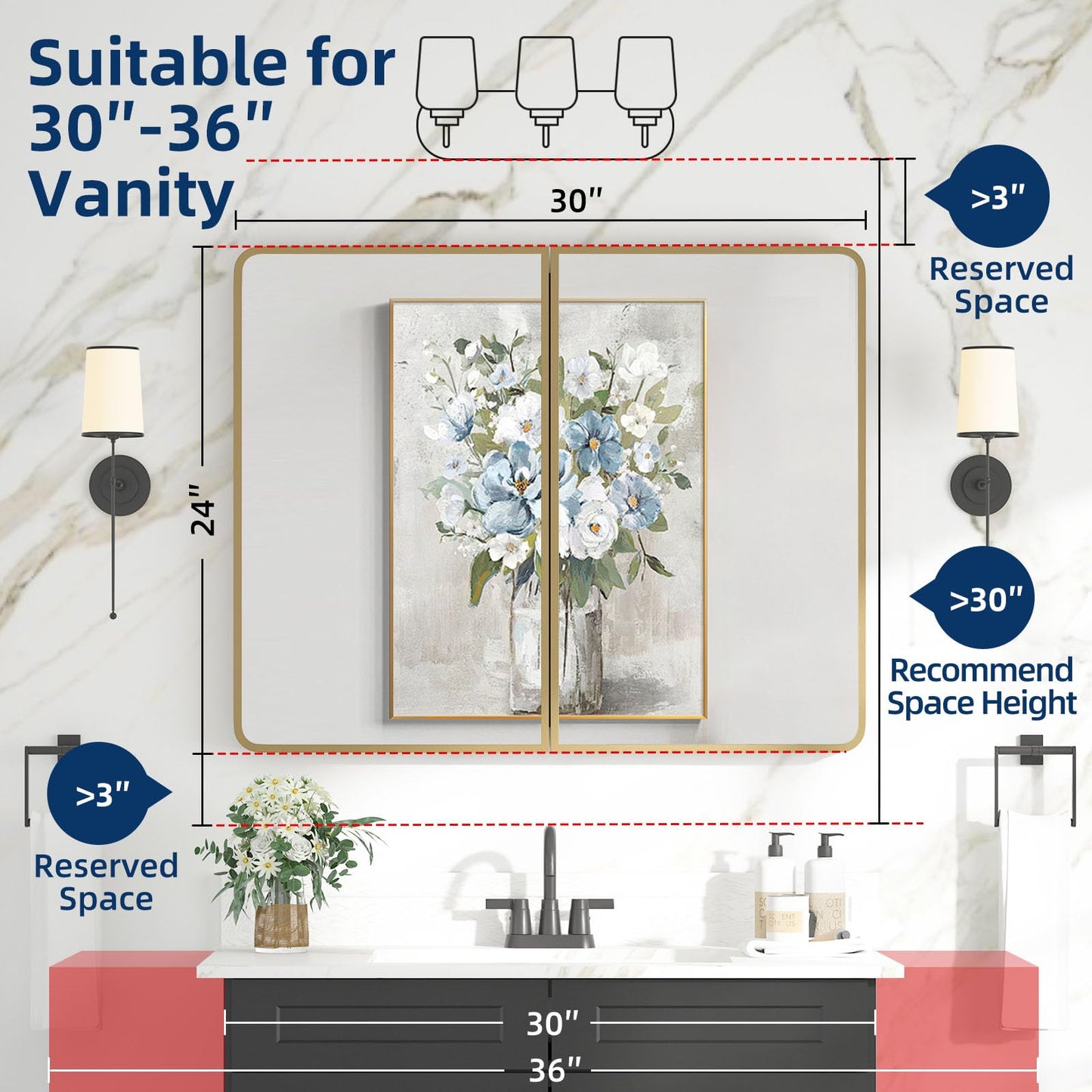 YTSMIR Bathroom Medicine Cabinet with Mirror 24 x 30 Inch, Brush Gold Medicine Cabinet Recessed or Surface Wall-Mounted, Mirrored Cabinets with Sturdy Metal Adjustable Shelves for Bathroom Vanity