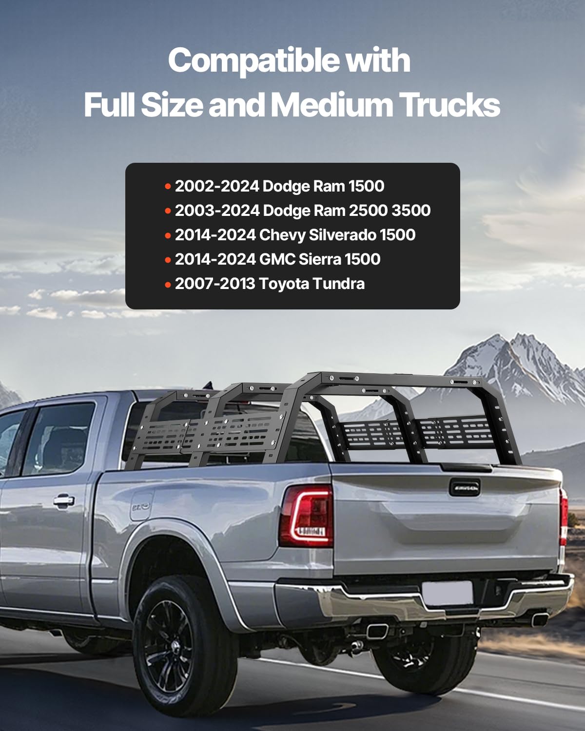 VEVOR Overland Truck Bed Rack, 54.3-68.3 in Width, Adjustable Overland Bed Cargo Rack with Sidebar and 900 lbs Static Load Capacity, Heavy Duty Steel, Compatible with Full Size and Mid-Size Trucks