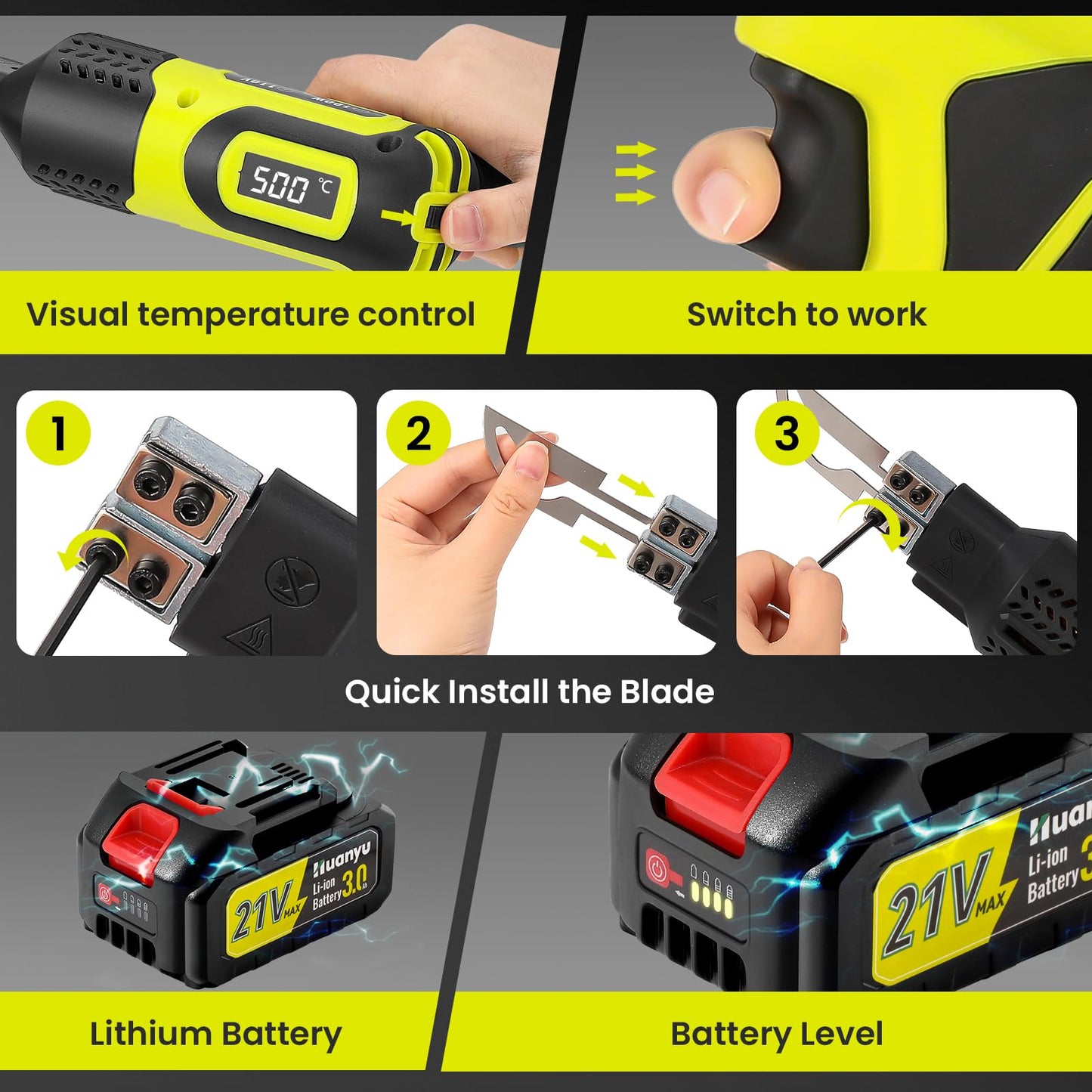 Huanyu Cordless Hot Knife with Temp. Display 100W Max 500℃ 3.0Ah Battery Powered Air Cooling Cutting Tool 4 Blades Set Electric Hot Knife Foam Cutting Tool Craft Shears for Rope, Fabric, Acrylic