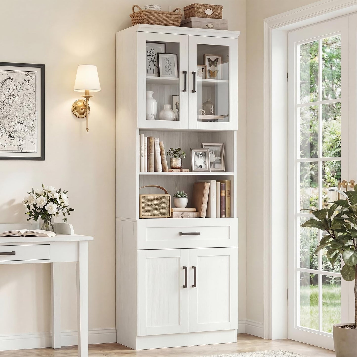 Unikito 79.7" Tall Kitchen Pantry Storage Cabinet, Freestanding Kitchen Hutch Cabinet with Glass Door, Adjustable Shelves and Drawer, Display Bookcase for Living Room, Dining Room, Bathroom, White