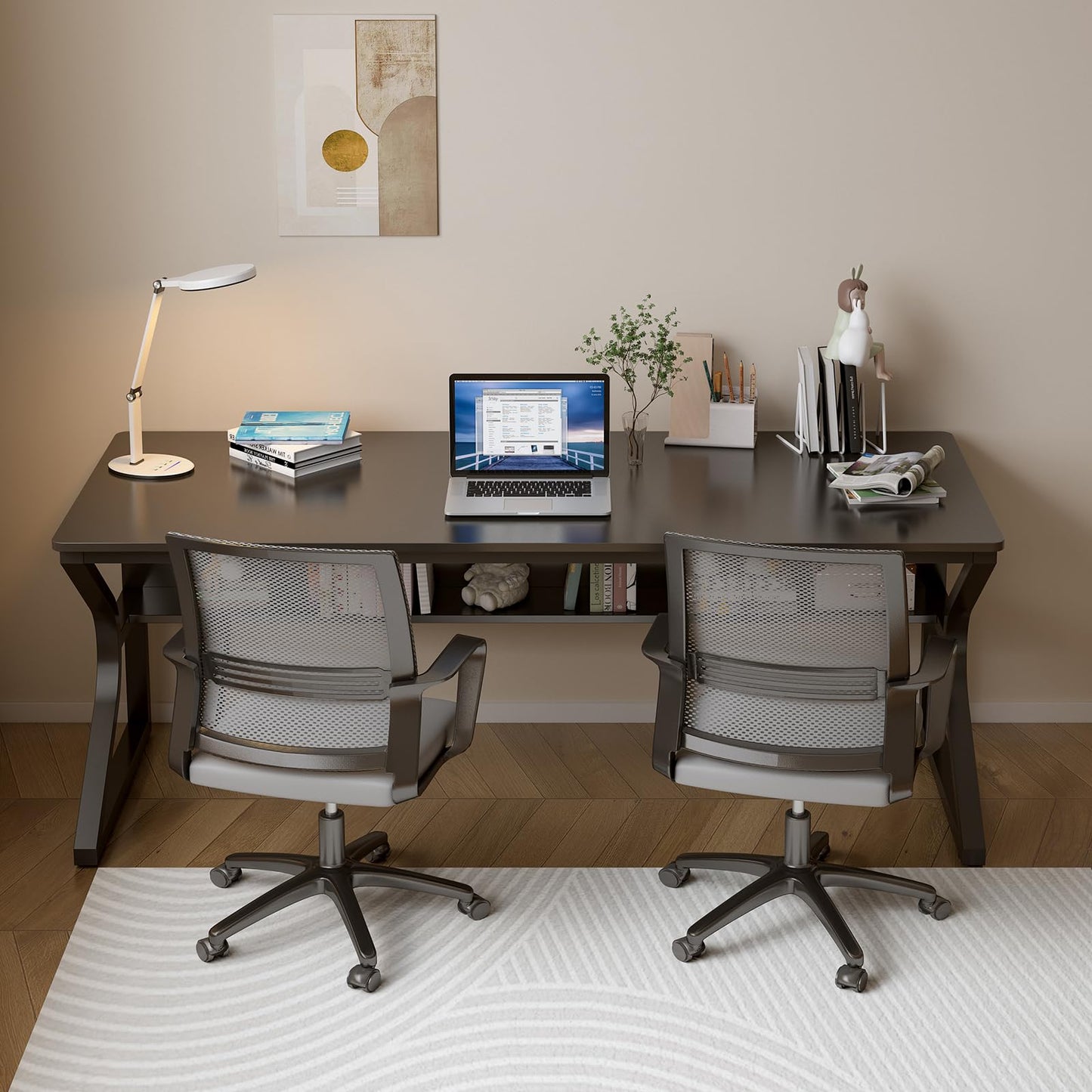 OSCHF Extra Long Desk with Bookshelf - 63" Double Long Writing Table for 2-Person Workstation, Modern Study Work Computer Desk for Home and Office, Black