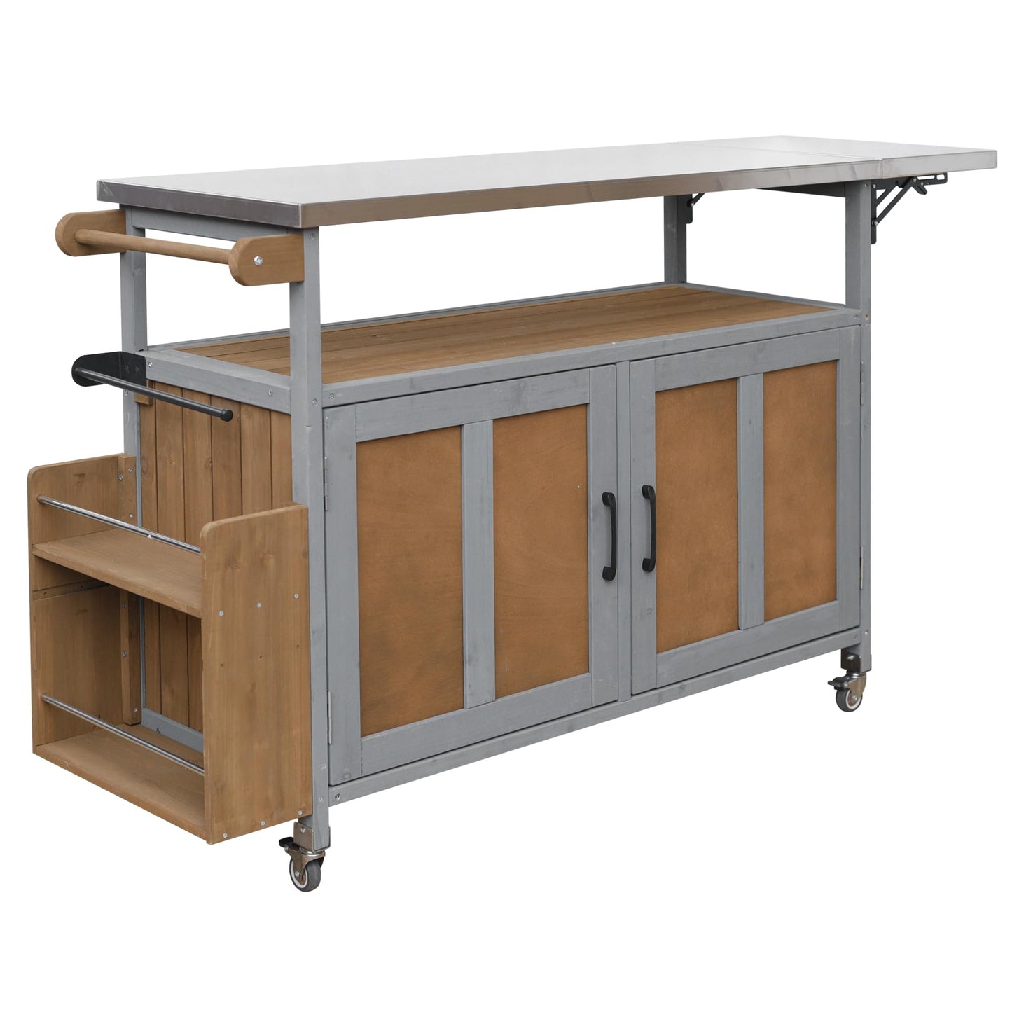 Outdoor Kitchen Island Cart with Foldable Stainless Steel Top, Rolling Grill Table with Adjustable Shelf Storage Spice Rack & Towel Holder, Wooden BBQ Prep Station with Lockable Wheels, Espresso Grey