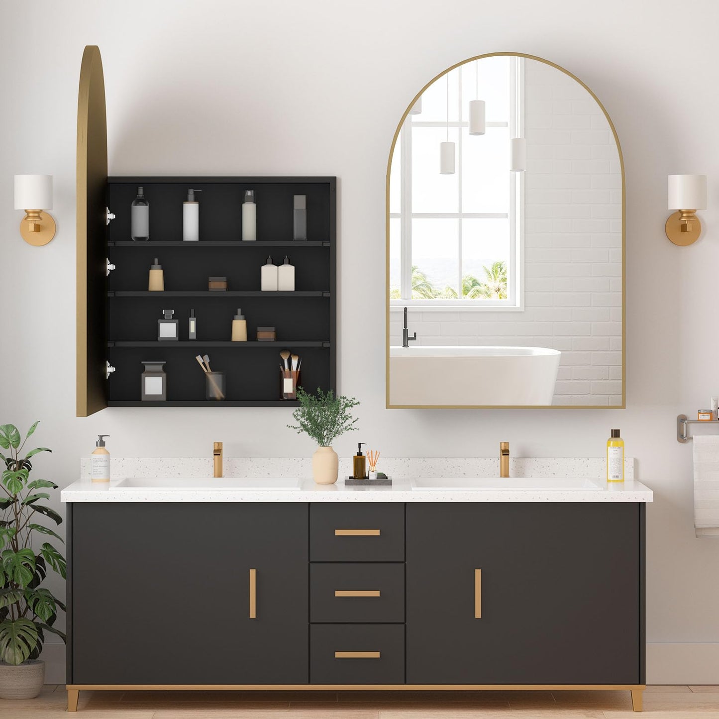 YTSMIR Medicine Cabinets for Bathroom, Gold Arched Medicine Cabinet Recessed or Surface Wall-Mounted,Modern Bathroom Vanity Mirror with Storage, Mirrored Cabinet with Adjustable Shelves,24x36 Inch