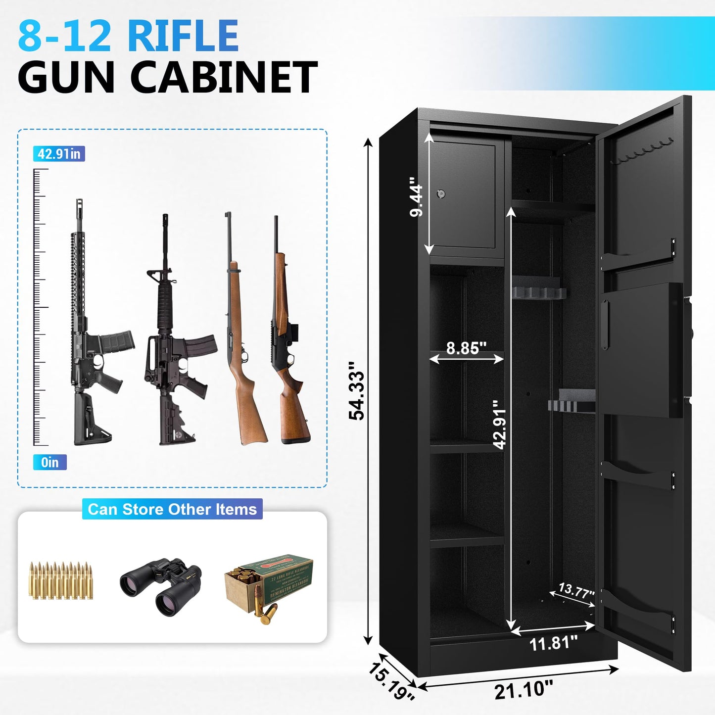 Biometric Gun Safe Rifle, Gun Safes for Rifles and Pistols, 10-15 Gun Cabinet with Pistol Storage and Adjustable Racks, Fingerprint Gun Cabinet for Home Accessories Storage with Removable Gun Racks