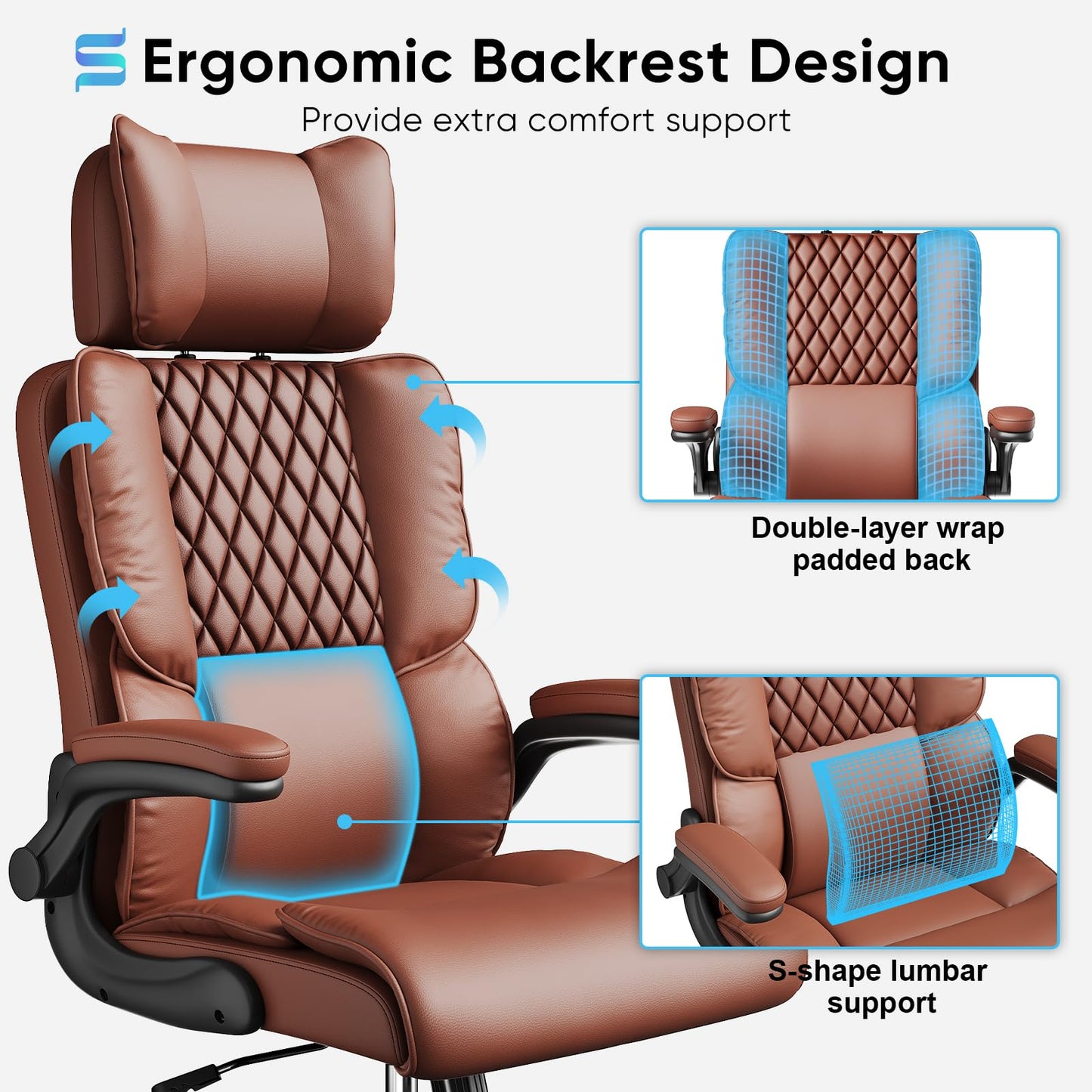 Sytas Ergonomic Office Chair with Adjustable Headrest, Executive Leather Desk Chair with Upgraded Lumbar Support for Lower Back Pain Relief, Thickened Backrest Computer Chair for Home Office, Brown