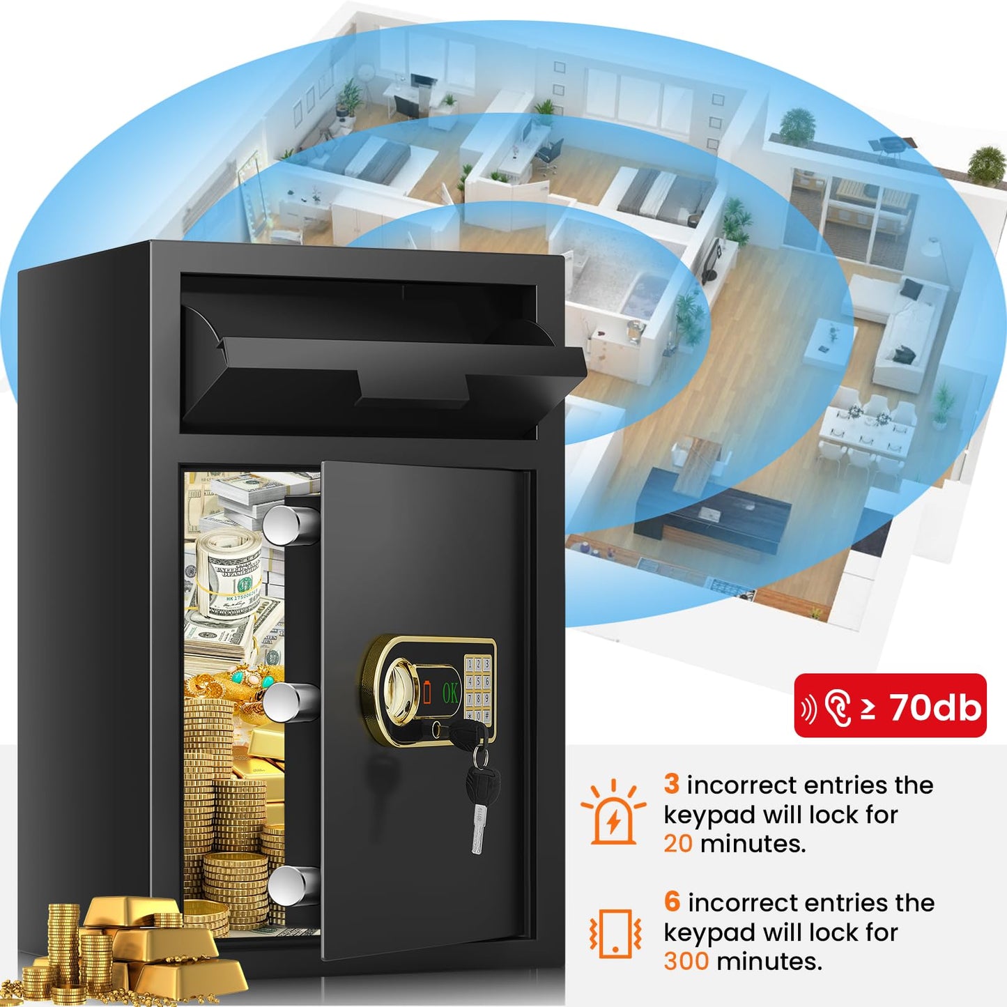 6.0 Cuft Large Depository Drop Safe for Business, Security Safe Box with Quick Place Drop Slot, Combination Lock & Spare Keys, Heavy-duty Commercial Cash Drop Box Safe for Retail Office Restaurant