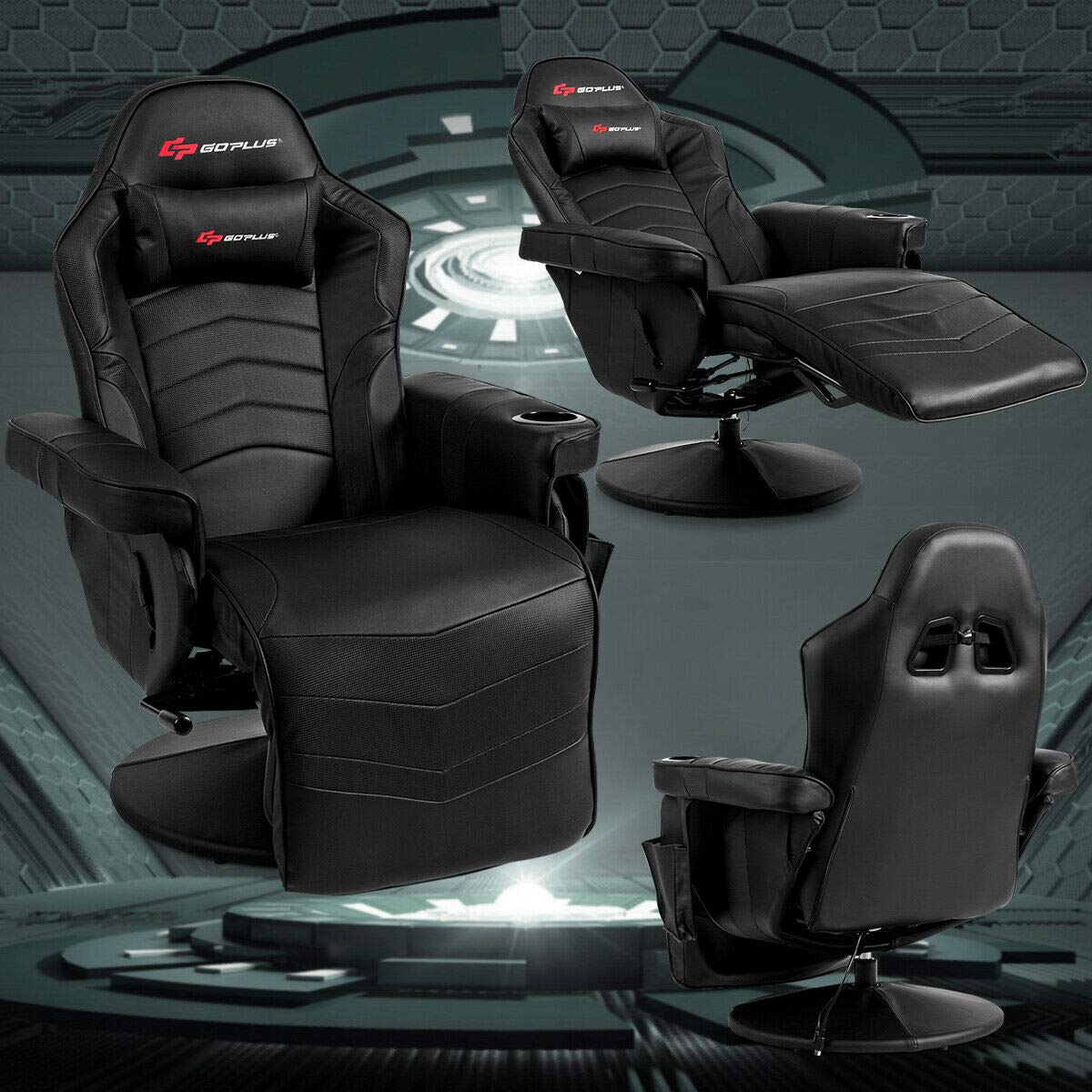 Goplus Massage Gaming Chair, Racing Style Gaming Recliner w/Adjustable Backrest and Footrest, Ergonomic High Back PU Leather Computer Office Chair Swivel Game Chair w/Cup Holder and Side Pouch