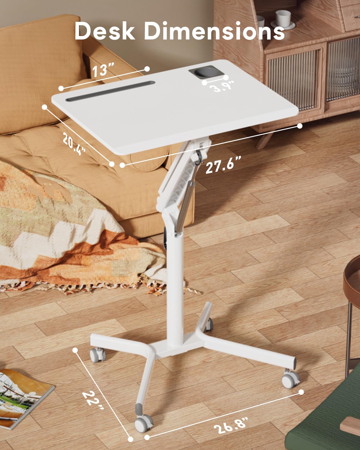 JOY worker Mobile Standing Desk, 28 inch Small Height Adjustable Rolling Laptop Desk, Portable Sit Stand Desk with Lockable Wheels, Ergonomic Desktop Table for Home Office, White