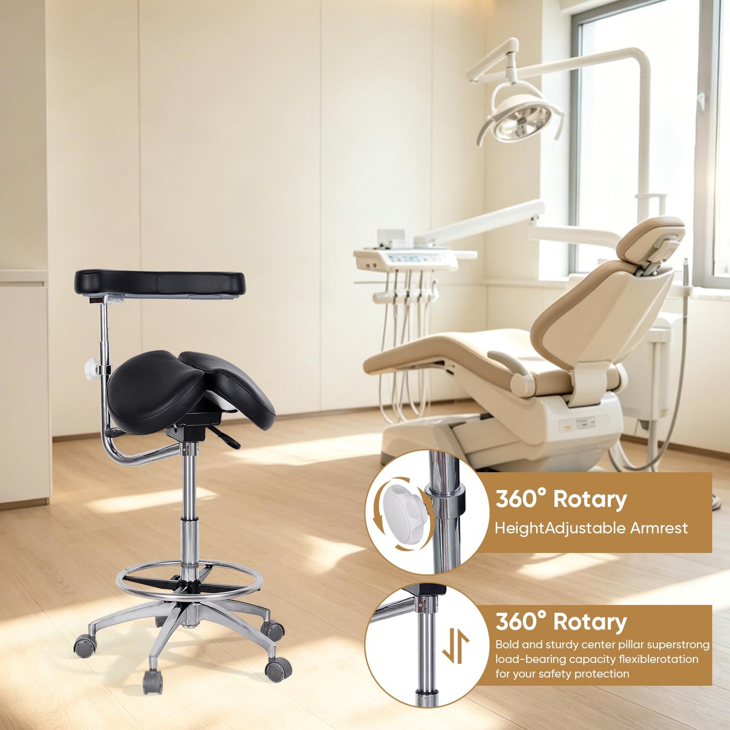 LIMKOMES Round Rolling Stool&Split Seats and Footrest Dental Chair with Rotatable Armrests for Dentist Office Shop Home