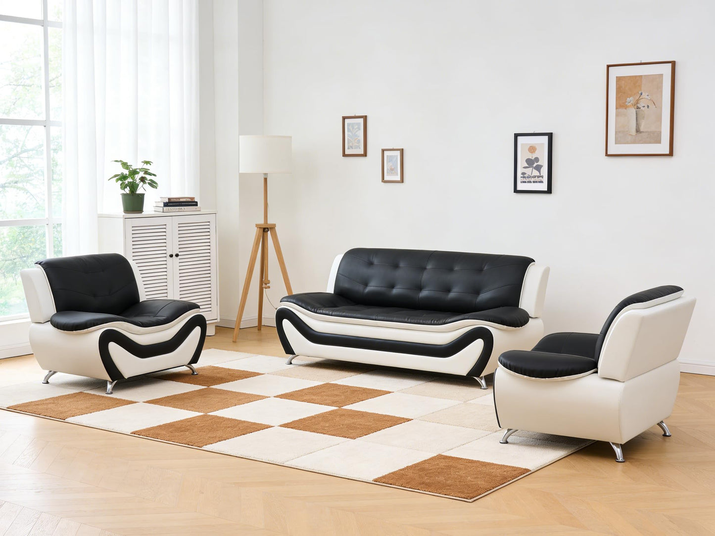 Trygoal 3 Piece Sofa Sets for Living Room, Modern Sectional Couch and Loveseat & Armchair Set, Mid-Century Furniture Sets for Living Room, Apartment, Office, Black & White