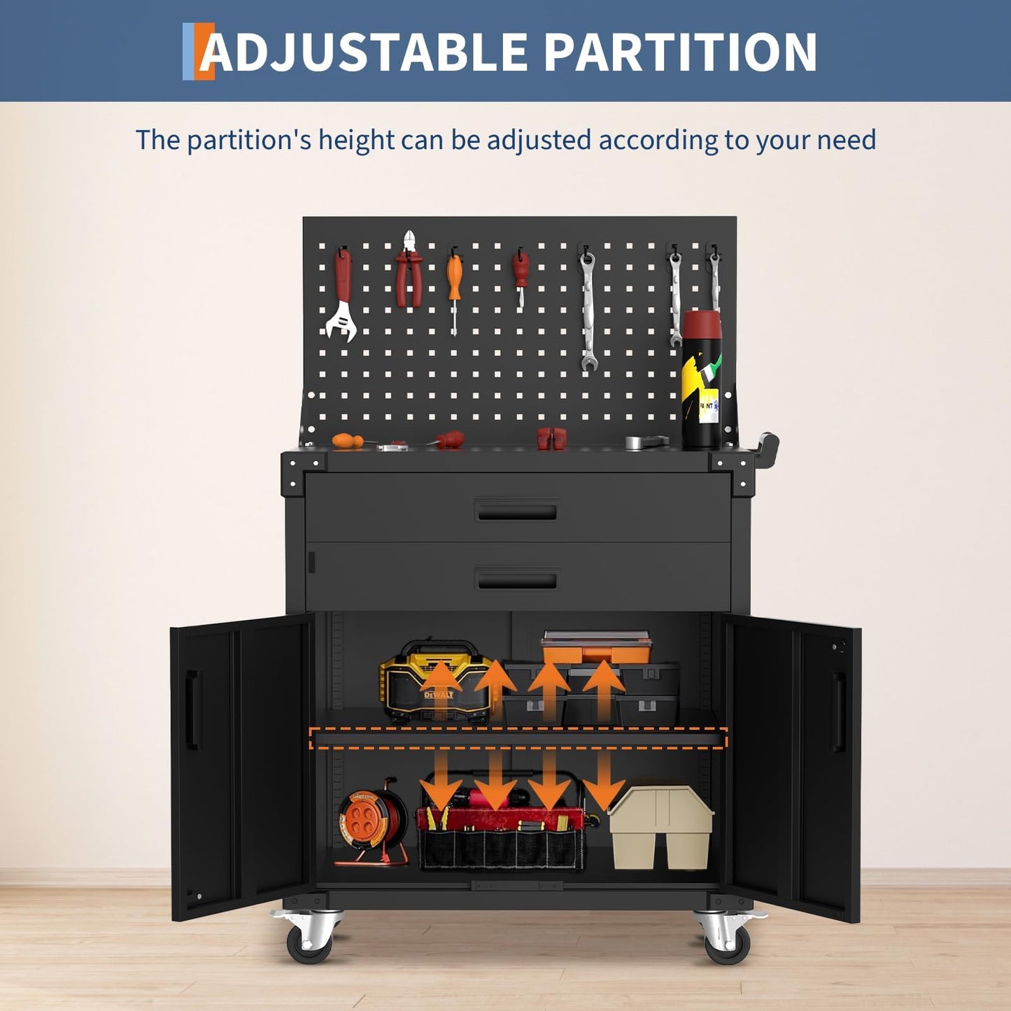Garvee 35" Heavy-Duty Steel Rolling Tool Cabinet with 2 Deep Drawers, Adjustable Shelves & Pegboard, Locking Casters, Mobile Garage Storage Organizer & Workbench for Workshop, Warehouse Tools