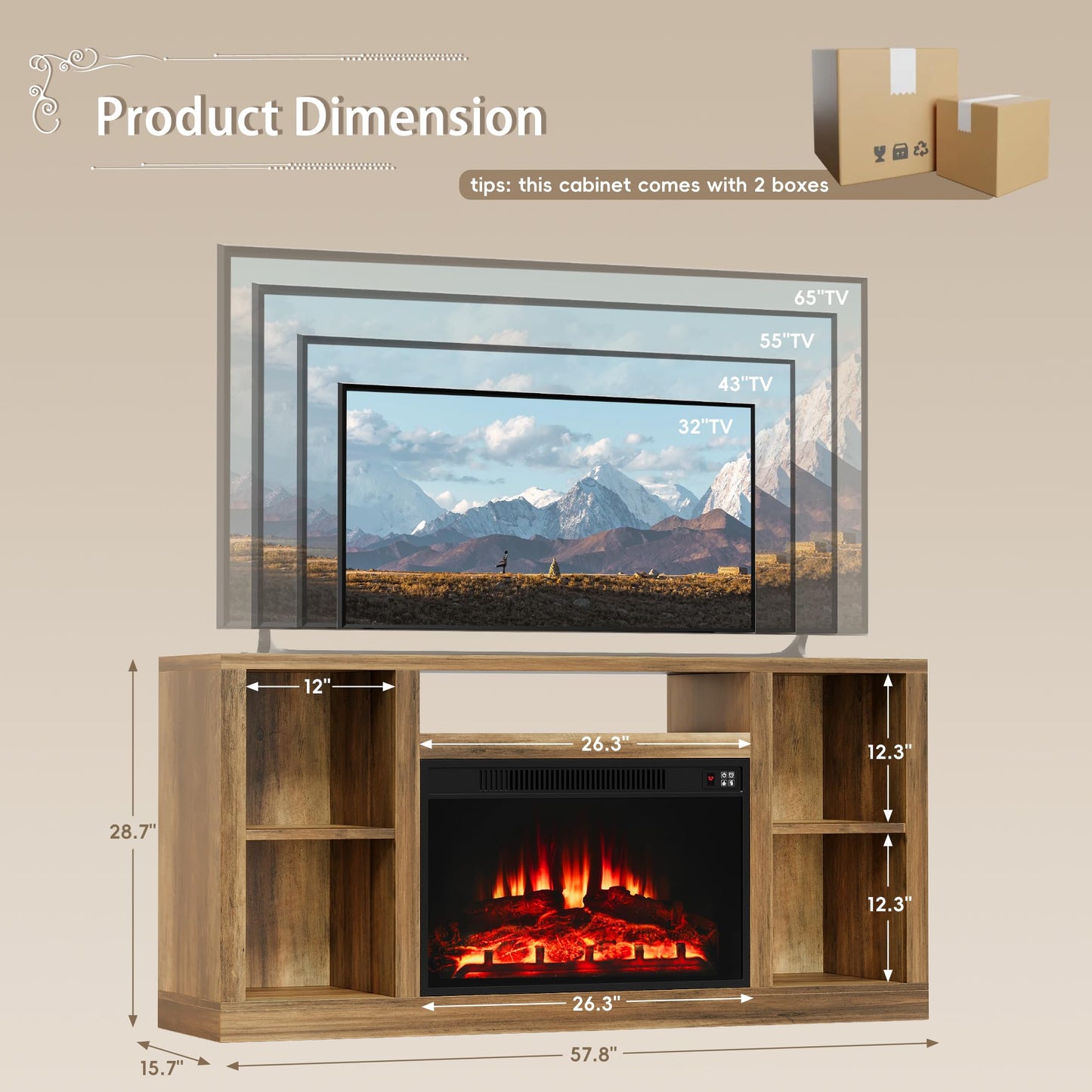 YESHOMY Electric Fireplace TV Stand for Televisions up to 65+ Inch, Mid Century Modern Media Entertainment Center Console Table with Four Open Storage Shelves & Cabinets, 58 Inch, Yelloe Barnwood