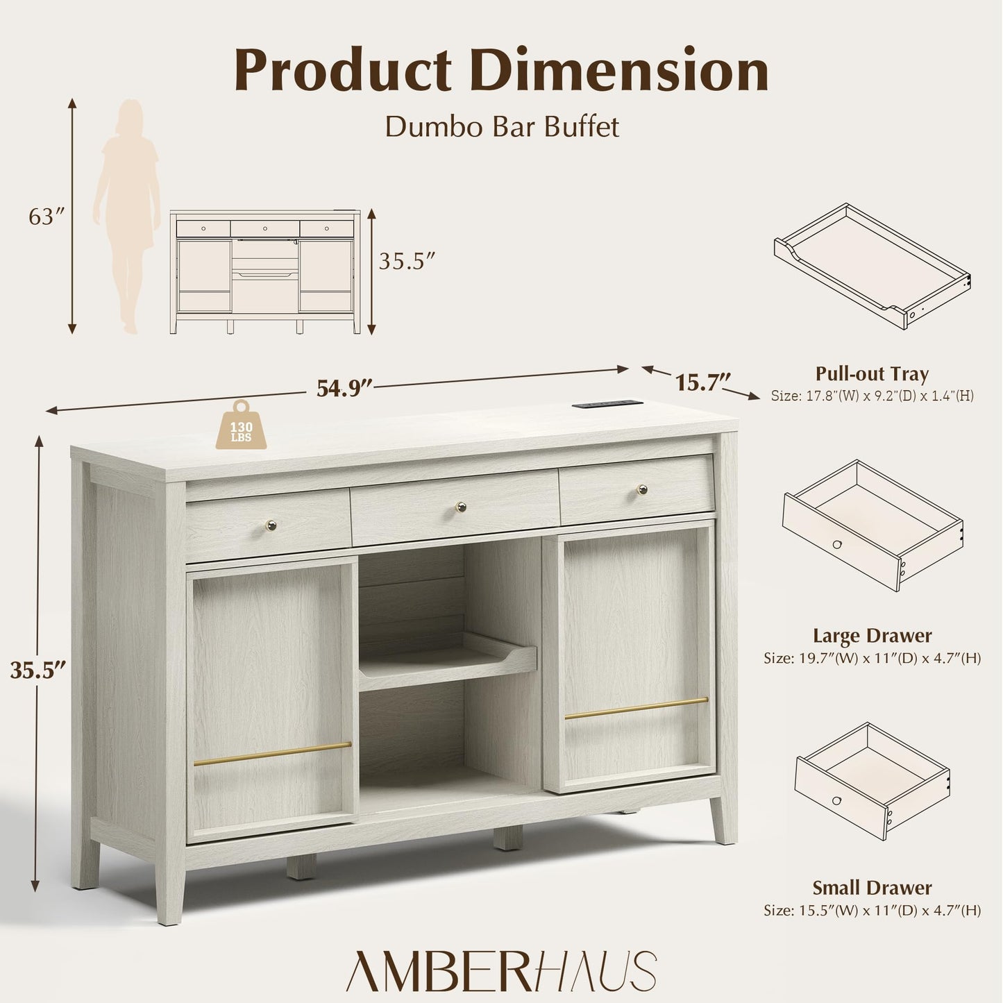 AMBERHAUS Buffet Cabinet with Storage, Modern Sideboard Cabinet with 3 Drawers, 2 Sliding Doors & Pull-Out Shelf, Coffee Bar Cabinet with Charging Station, White