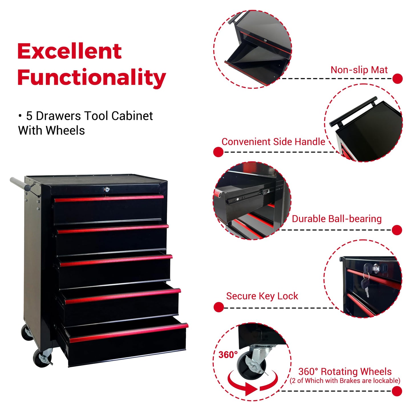 KEIKI 20 Inch Rolling Metal Tool Chest with 5 Drawers, Portable Metal Tool Box with Locking Drawers, Ball Bearing Slides Mobile Storage Cart Organizer for Garage Workshop Warehouse, Black