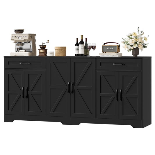 BOTLOG 71” Large Sideboard Buffet Cabinet with Storage, Farmhouse Kitchen Buffet Cabinet with Adjustable Shelves and 6 Barn Doors, Wood Coffee Wine Bar Console Table for Kitchen, Dining Room, Black