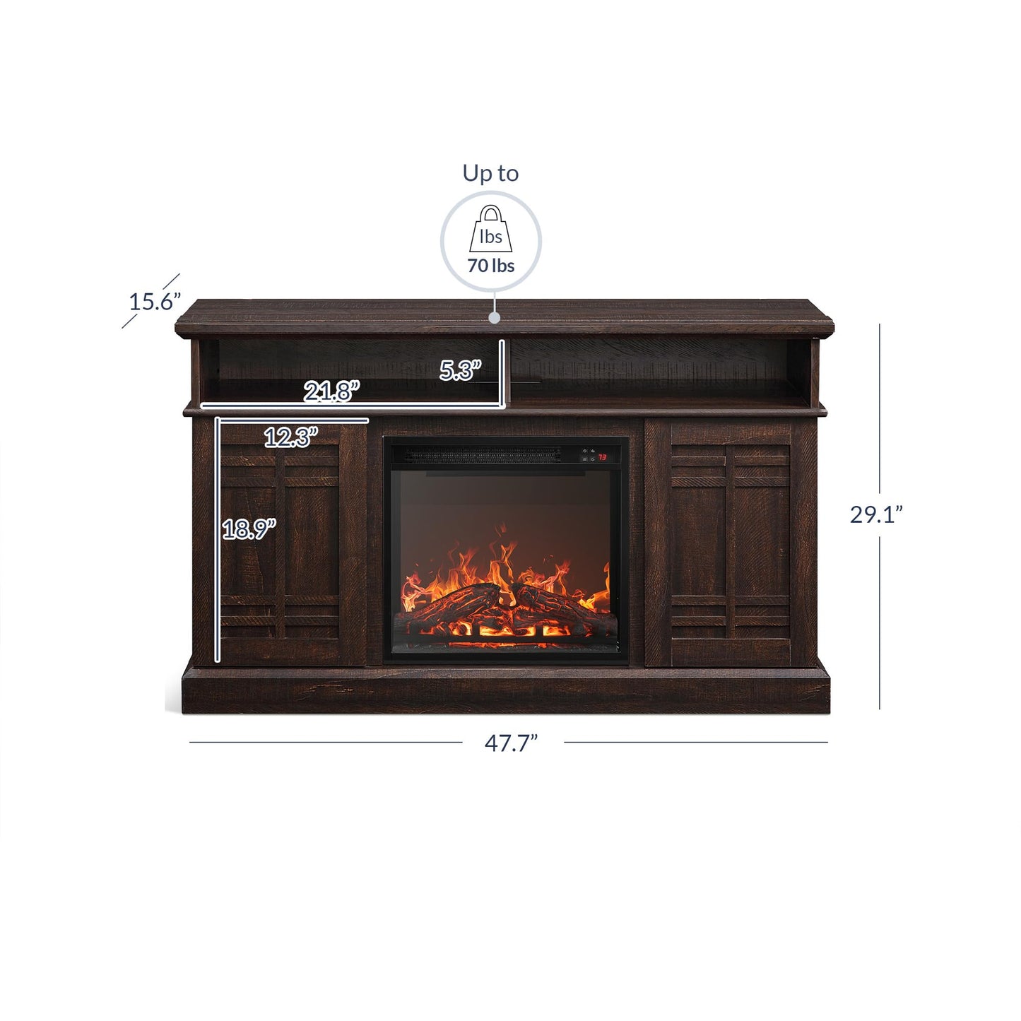 BELLEZE 48" TV Stand with 18" Electric Fireplace Heater, Modern TV Stand for TVs up to 50", Entertainment Media Stand with Open Shelves and Storage Cabinets for Living Room, Bedroom (Espresso)