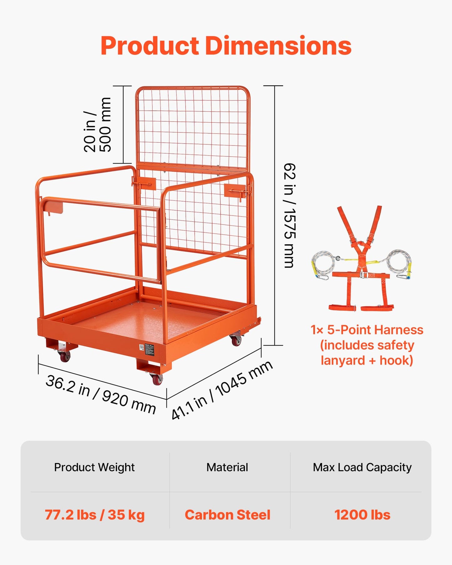 VEVOR Forklift Man Basket, 36.2 x 41.1 Inch Forklift Safety Cage with 4 Wheels, 1200 lbs Capacity, Heavy Duty Work Platform Collapsible Lift Basket, Safety Harness, for Aerial Work Lifting Loader