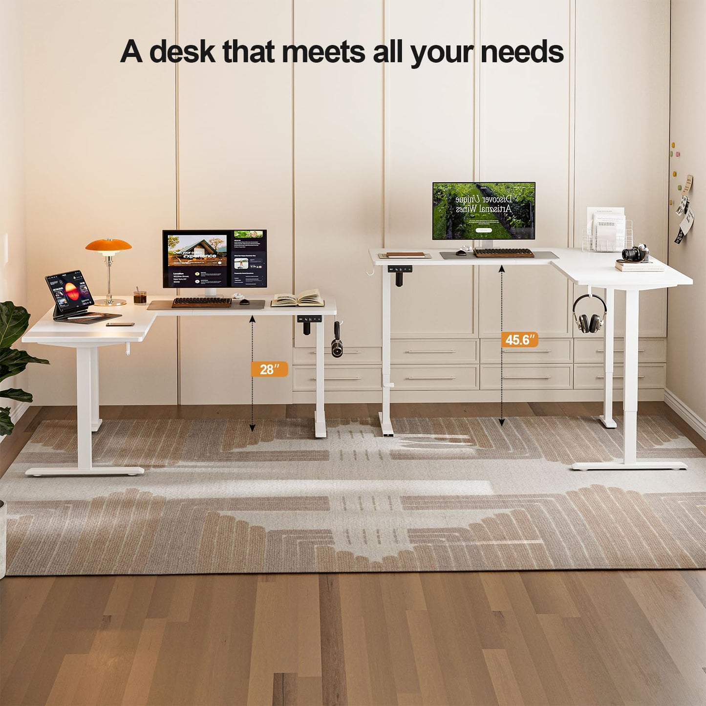 Grandder L Shaped Standing Desk Adjustable Height, Electric Standing Corner Desk, 160 x 140 cm Sit Stand Computer Table with Splice Board, White