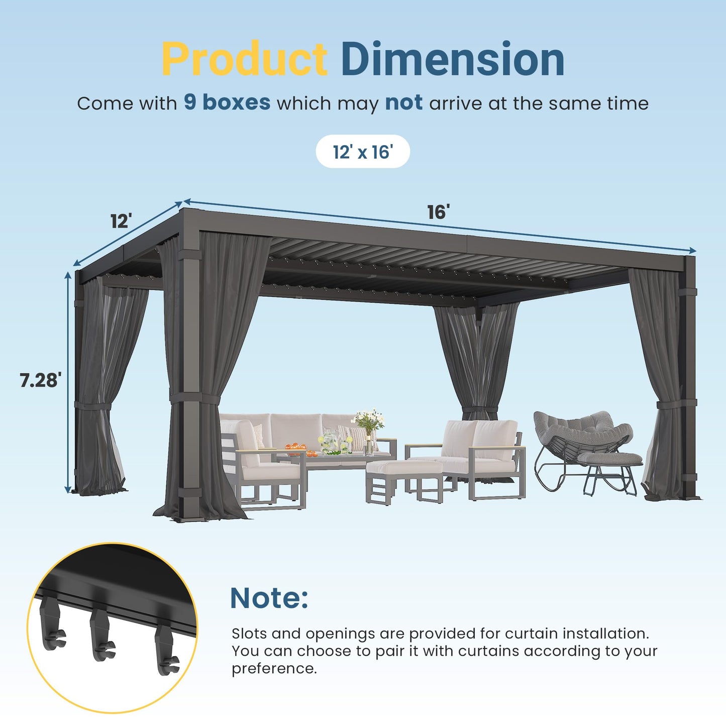 12' x 16' Louvered Pergola, Metal Outdoor Pergola with Adjustable Louvered Roof, Curtains & Netting, Gutter System, Hardtop Patio Gazebo for Patio, Deck, Garden, Yard, Dark Gray