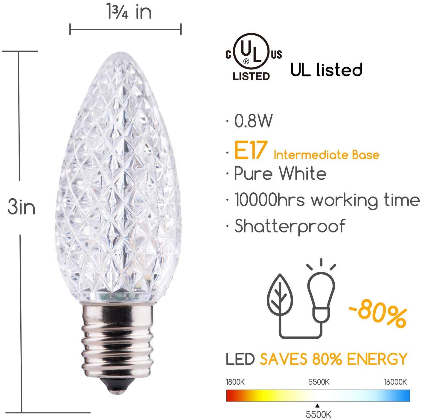 Minetom C9 LED Christmas Light Bulbs, Shatterproof, Cool White, E17 Base, 50 Pack