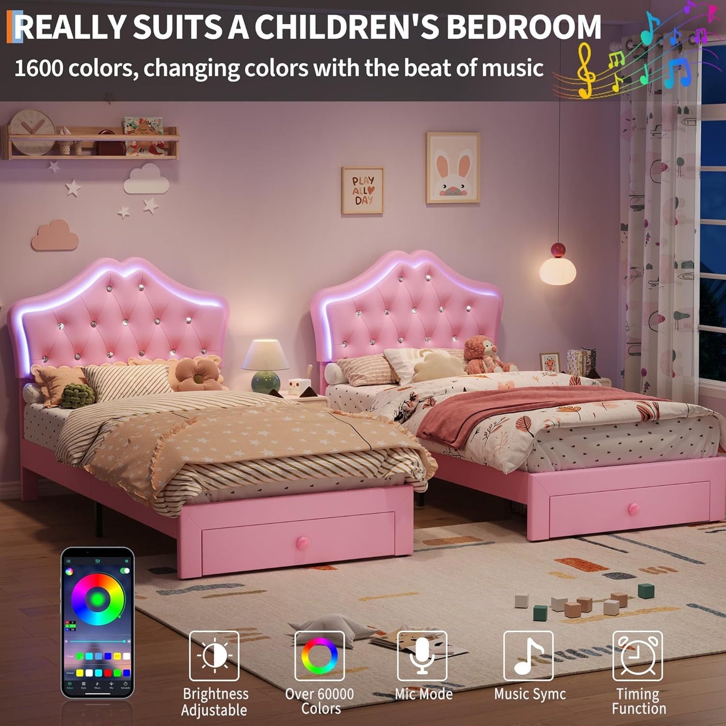 Garvee Twin XL Size Bed Frame with LED Lights & Velvet Crystal Button Headboard, Upholstered Boy Platform Bed with Storage Drawer, Noise Free, No Box Spring Needed for Kids, Teens, Pink