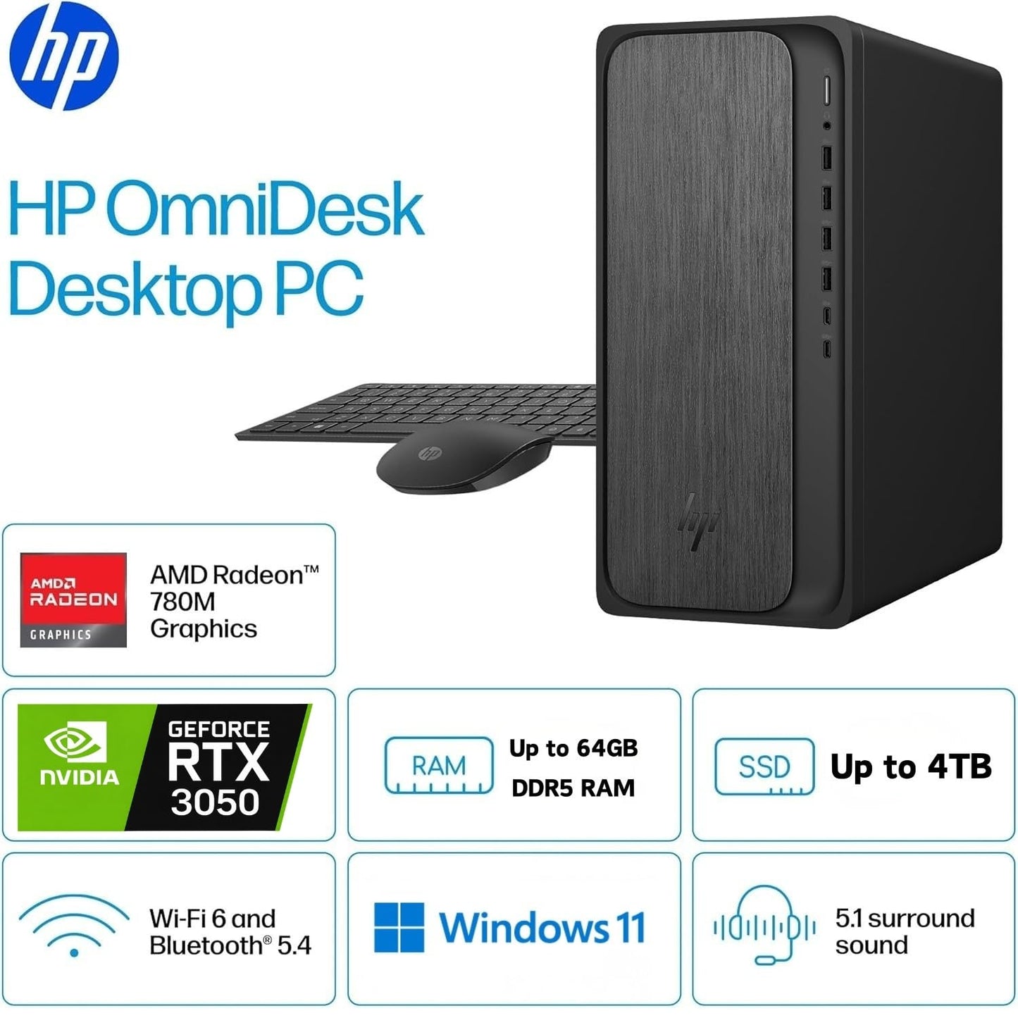 HP OmniDesk Gaming Next Gen AI PC Desktop, AMD Ryzen 7 Processor (16-Threads, Up to 5.1GHz), 32GB DDR5 RAM, 1TB SSD, GeForce RTX 3050, Wi-Fi 6, HDMI+DP Dual Monitor Support, Windows 11