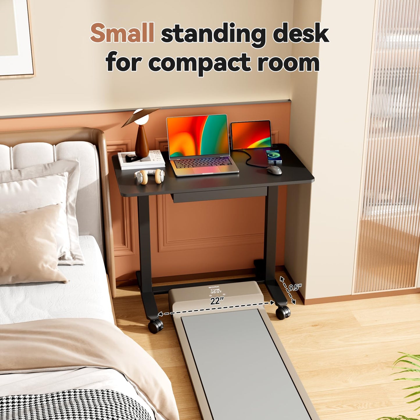 Liftsync Mobile Standing Desk, 35inch Small Rolling Table with Drawer, Height Adjustable Sit Stand Workstation, Black Portable Laptop Cart with Hidden Wheels or Lockable Casters