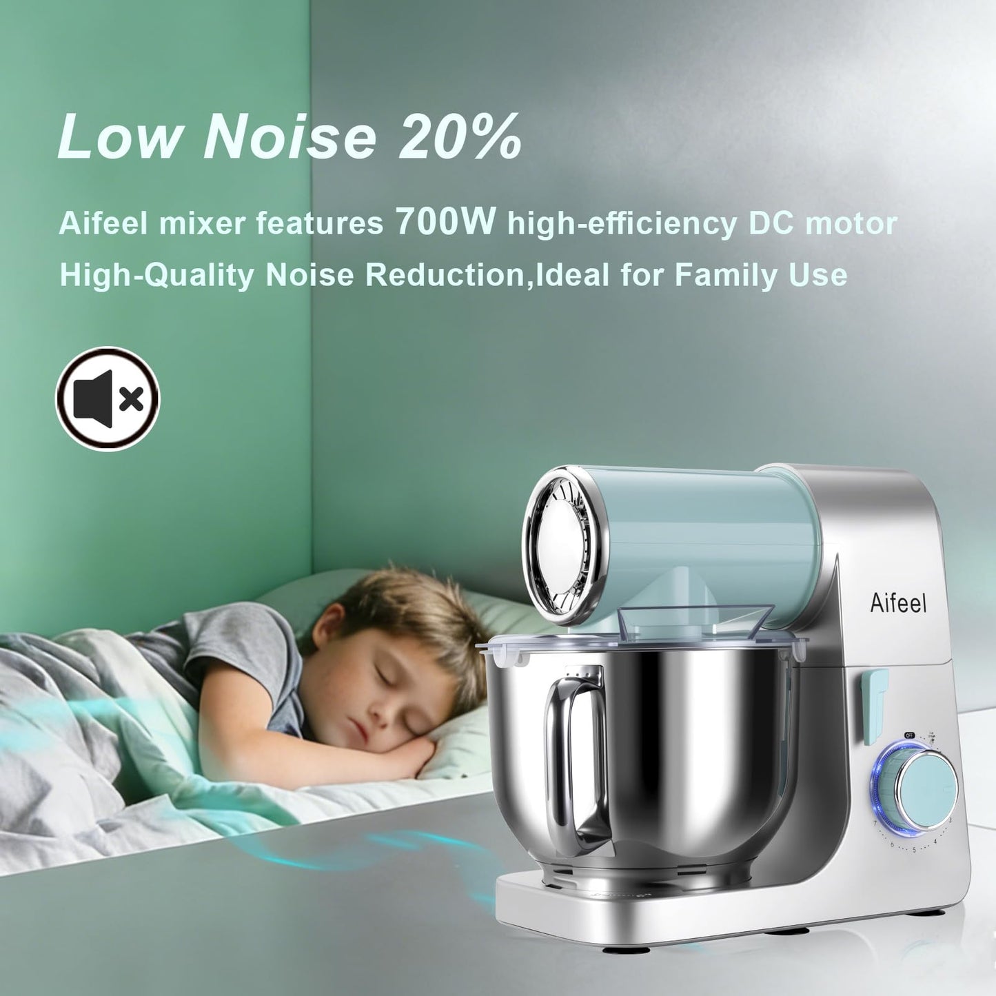 Aifeel Stand Mixer,6.5QT Tilt-Head Electric Stand Mixer,700W DC Motor with Low Noise,Kitchen Mixer with Dough Hook,Beater,Whisk,Dishwasher-Safe Attachments for Baking(Green/Silver)