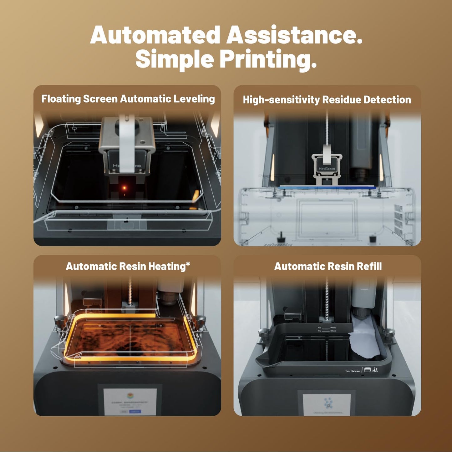 Heygears Reflex RS Turbo Resin 3D Printer with Amber Screen, High Contrast Ratio of 566:1, Delivering ±2μm High Precision and 4.5s/Layer High Speed, C5 Industrial Z-Axis and Auto Leveling
