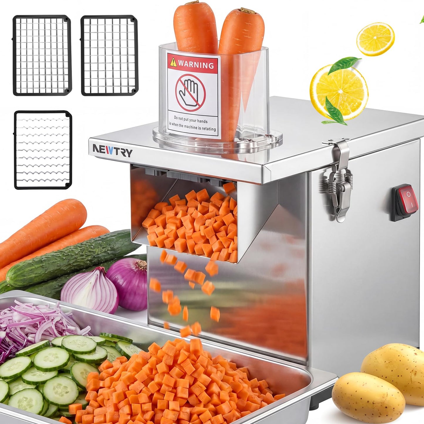 NEWTRY 200W Commercial 4 in 1 Vegetable Processor Electric Vegetable Fruit Dicer Automatic Slicer Shredder 330lb/h Stainless Steel Large Feed Chute for Whole Potato