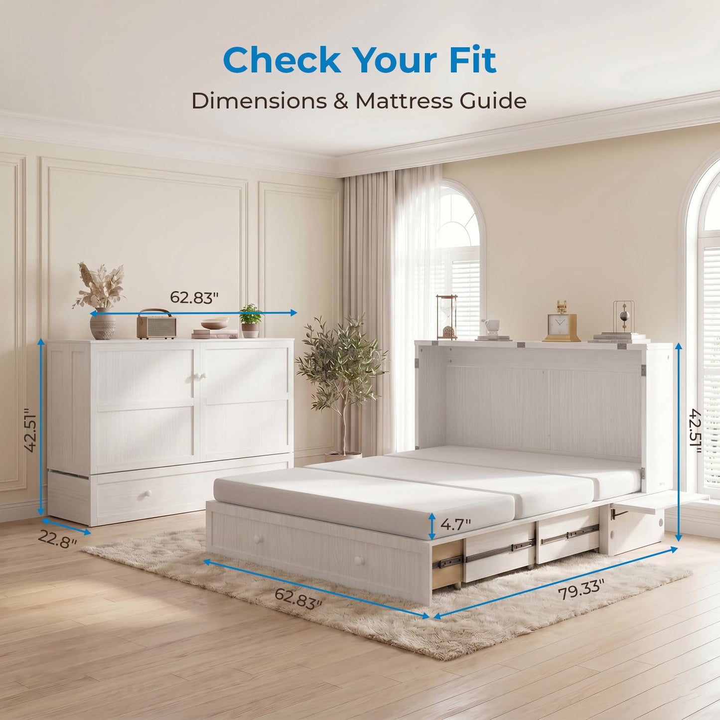 Mjkone Murphy Bed Cabinet Queen with Tri-Fold Mattress Included & USB Charging Station, Modern Versatile Solid Wood Chest Cabinet Wall Bed with Drawers, Adult Guest Beds for Apartment Bedroom - White