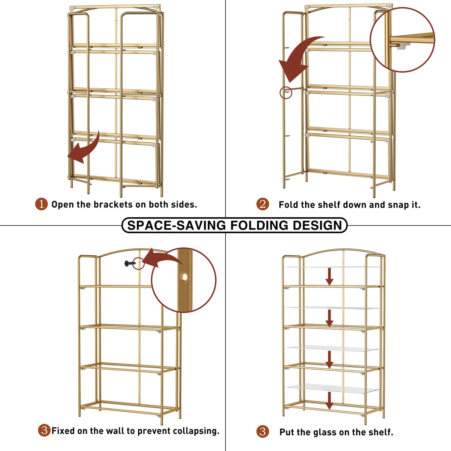 Crofy 4-Tier Wider Foldable Bookshelf, Gold Frame & Transparent Shelves