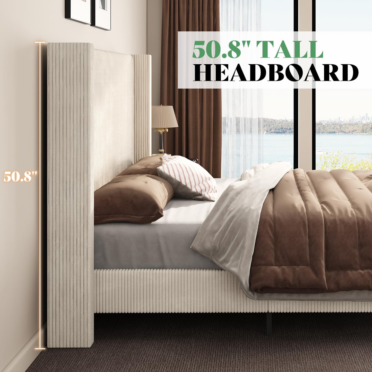 AMERLIFE Queen Size Upholstered Bed Frame with 50.8" Tall Headboard, Wingback Platform Bed with Solid Wood Legs, Wooden Slats, Corduroy/No Box Spring Needed/Noise Free/Cream