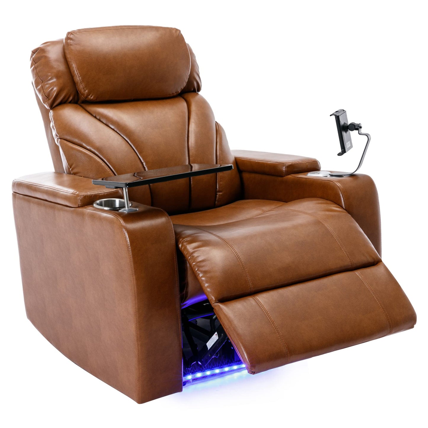 Merax Leather Recliner Power Chair, Home Theater Seating with Multimedia Audio Armrest, Cup Holders & Storage, Light Brown