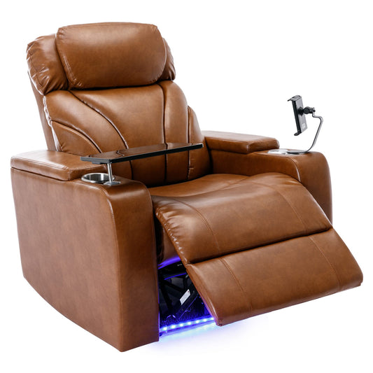 Merax Leather Recliner Power Chair, Home Theater Seating with Multimedia Audio Armrest, Cup Holders & Storage, Light Brown