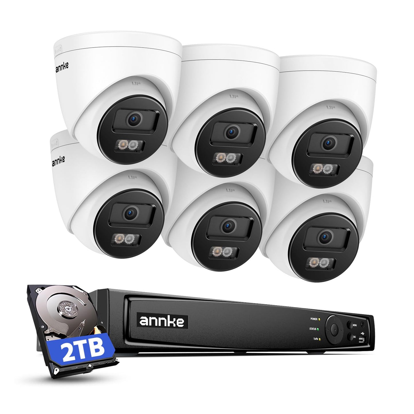 ANNKE 4K PoE Security Camera System, 12MP H.265+ 8CH NVR with 2TB HDD, 6Pcs 8MP IP Turret Outdoor Cams, AI Human & Vehicle Detection, Spotlight Color Night Vision for Outdoor Surveillance, IP67