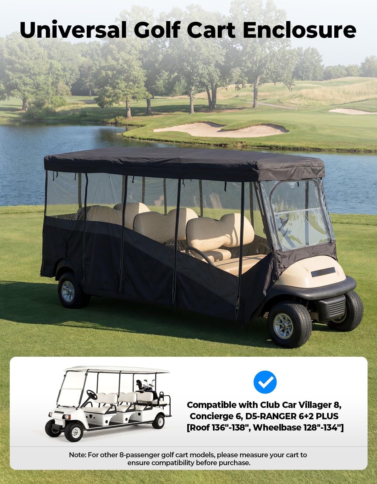 KEMIMOTO Golf Cart Enclosure 8 Seat, 600D Waterproof Golf Cart 8 Passenger Enclosure with Clear Windshield Compatible with Club Car Villager, Concierge