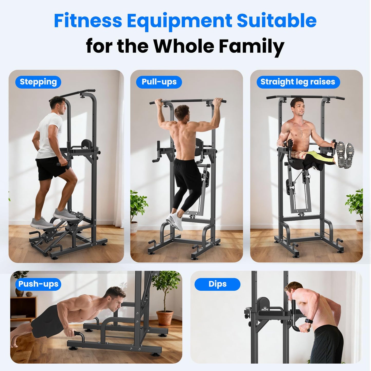 RELIFE REBUILD YOUR LIFE Power Tower Pull Up Bar Station Workout Dip Station for Home Gym Strength Training Fitness Equipment (Black-01)