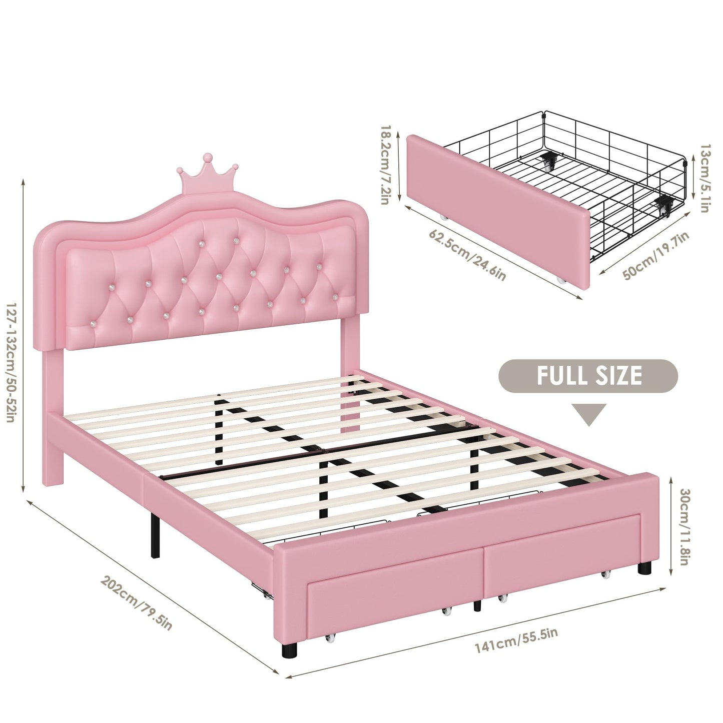 Keyluv Full Upholstered LED Bed Frame with Storage Drawer, Leather Princess Platform Bed with Adjustable Crystal Button Tufted Crown Headboard, Solid Wooden Slats Support, No Box Spring Needed, Pink