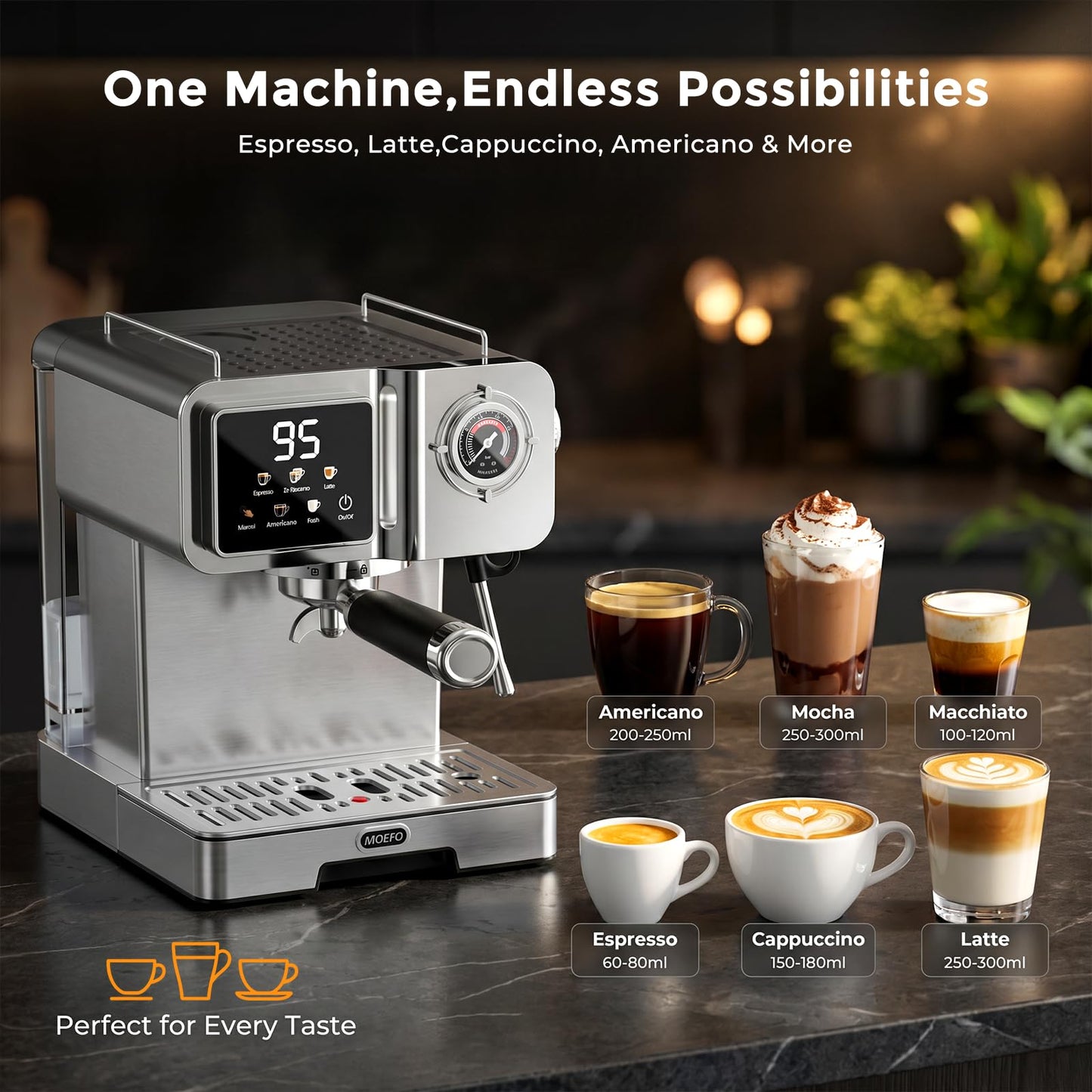 MOEFO 58mm Espresso Machine with Milk Frother, 20 Bar Semi-Automatic Coffee Maker, Visual Pressure Gauge & Touchscreen LCD Display, Professional Home Espresso Machine for Latte & Cappuccino, Silver