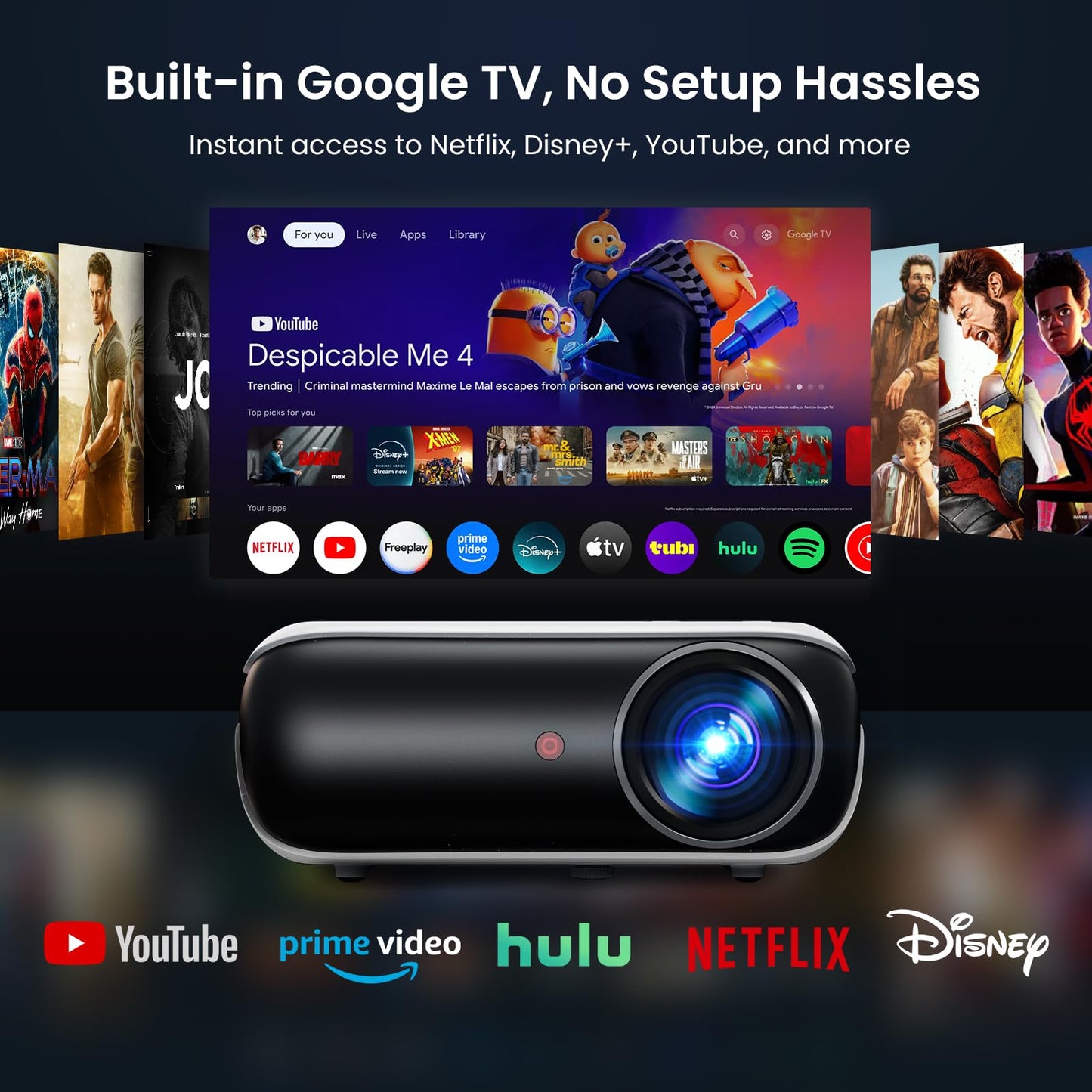 HAPPRUN Native 1080P Projector, Bluetooth Home Theater Movie Projector with Built-in Speaker, Compatible with Smartphone, HDMI, Fire Stick, PS5, Indoor & Outdoor Use -With Google TV System