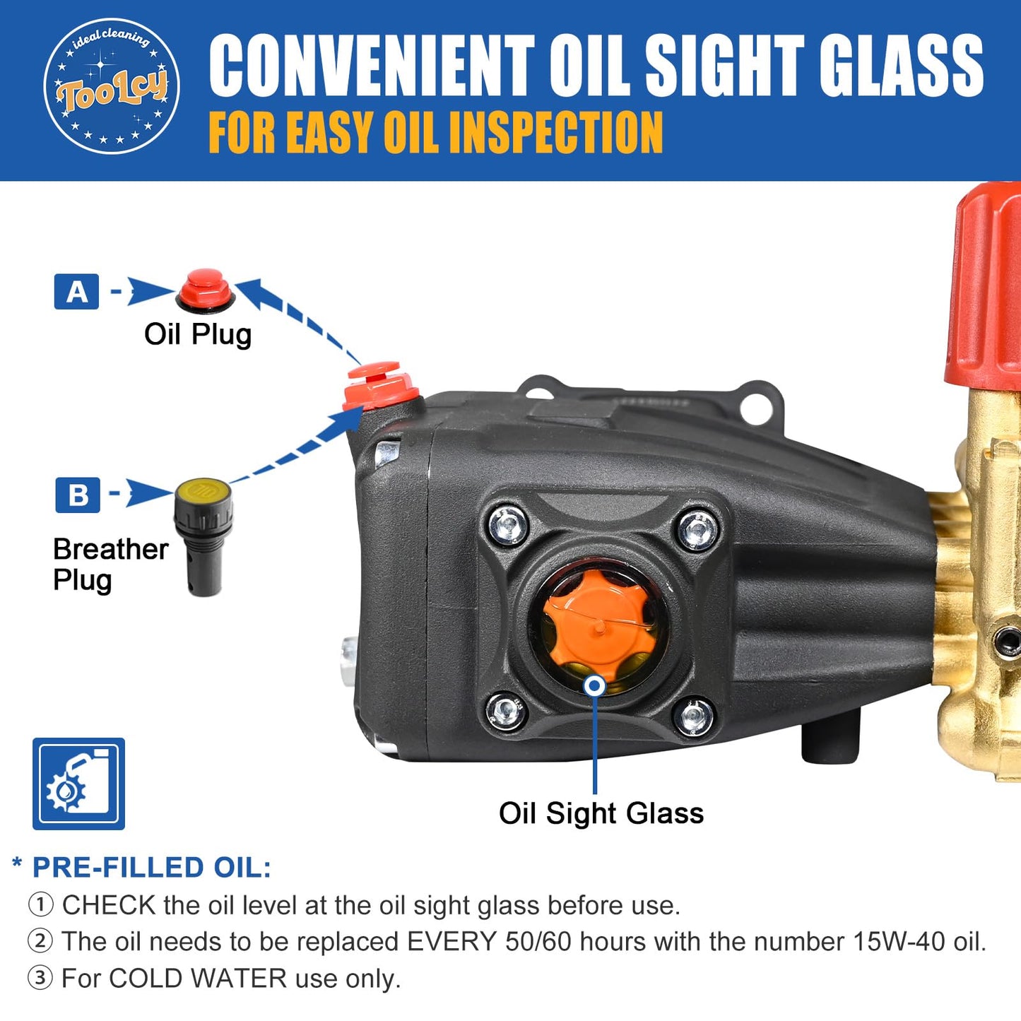 TOOLCY Pressure Washer Pump 3400 PSI Max 3.0 GPM, 3/4 Inch Shaft Horizontal Triplex Plunger Replacement, Direct Drive, with Unloader, 5 Nozzle Tips, 3/8" QC to M22-14mm Adapter