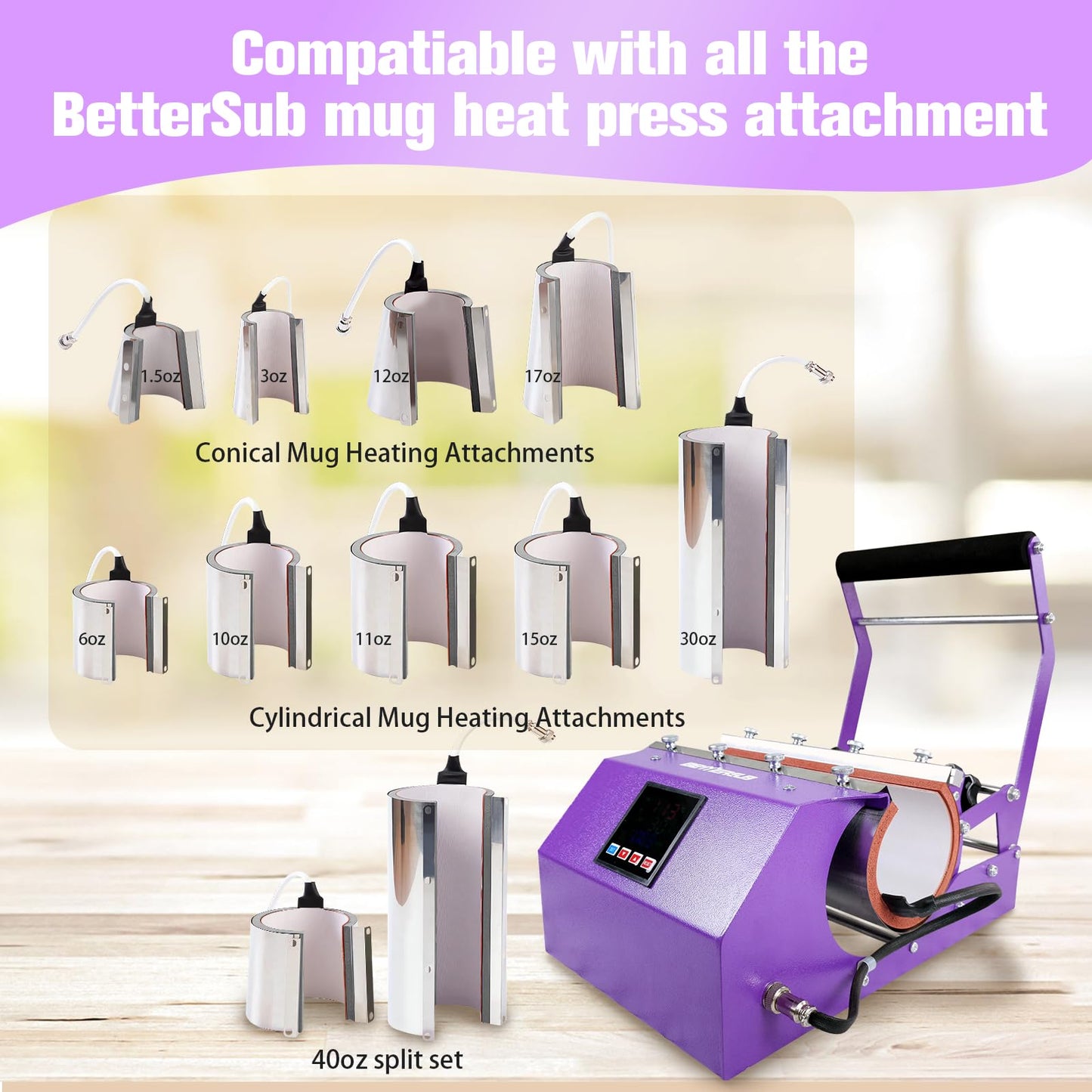 BetterSub 3in1 Tumbler Mug Heat Press Machine 30 OZ 20 OZ 16 OZ Sublimation Straight Skinny Tumbler Mug 3 OZ 1.5 OZ Shot Glass,11 OZ 15 OZ 16 OZ Sublimation Mug Heat Transfer (3in1 Purple)