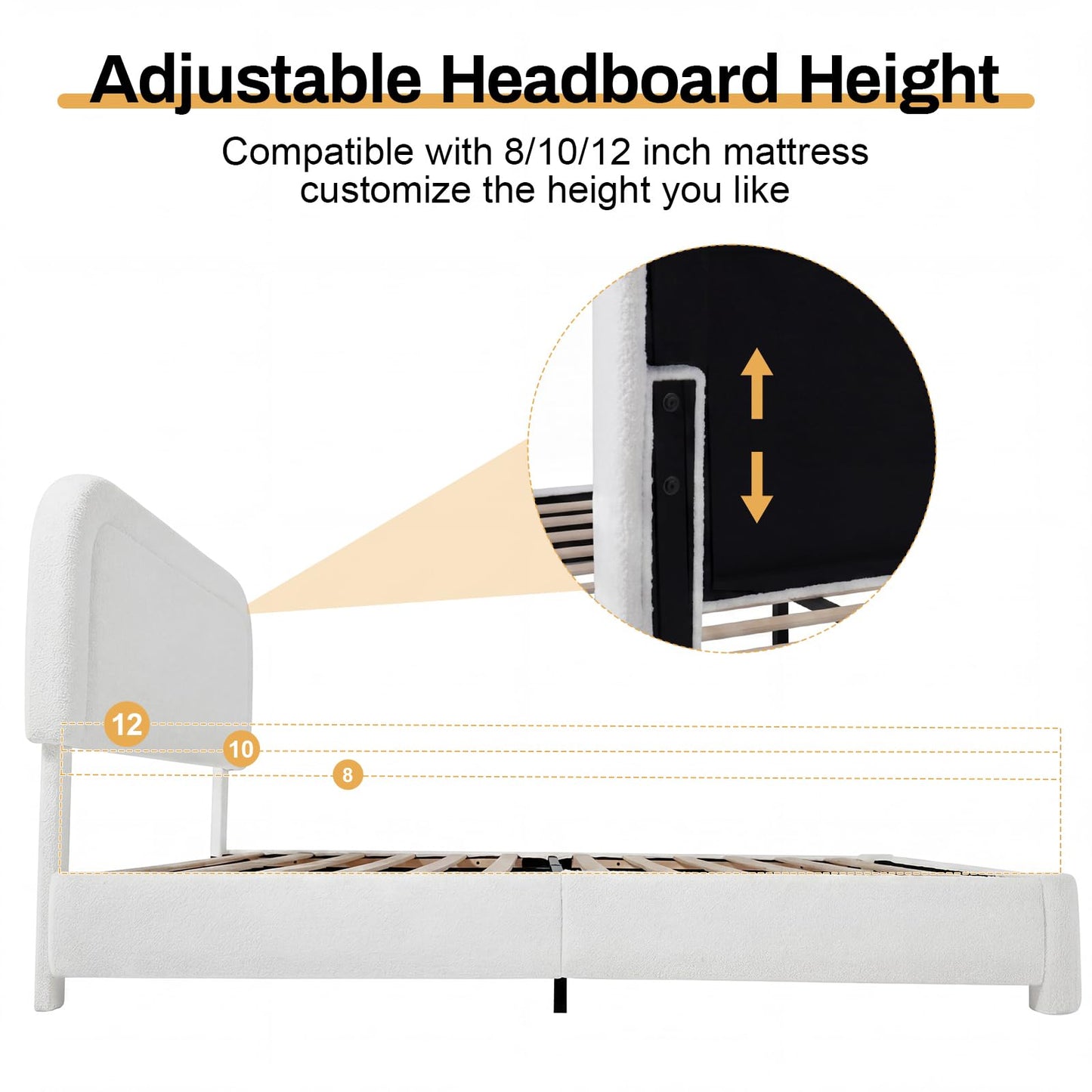 WEUP Queen Size Boucle Bed Frame, Upholstered Teddy Fabric Bed Frame with Headboard, Soft Rounded Corners, No Box Spring Required, Adjustable Headboard, Easy Assembly