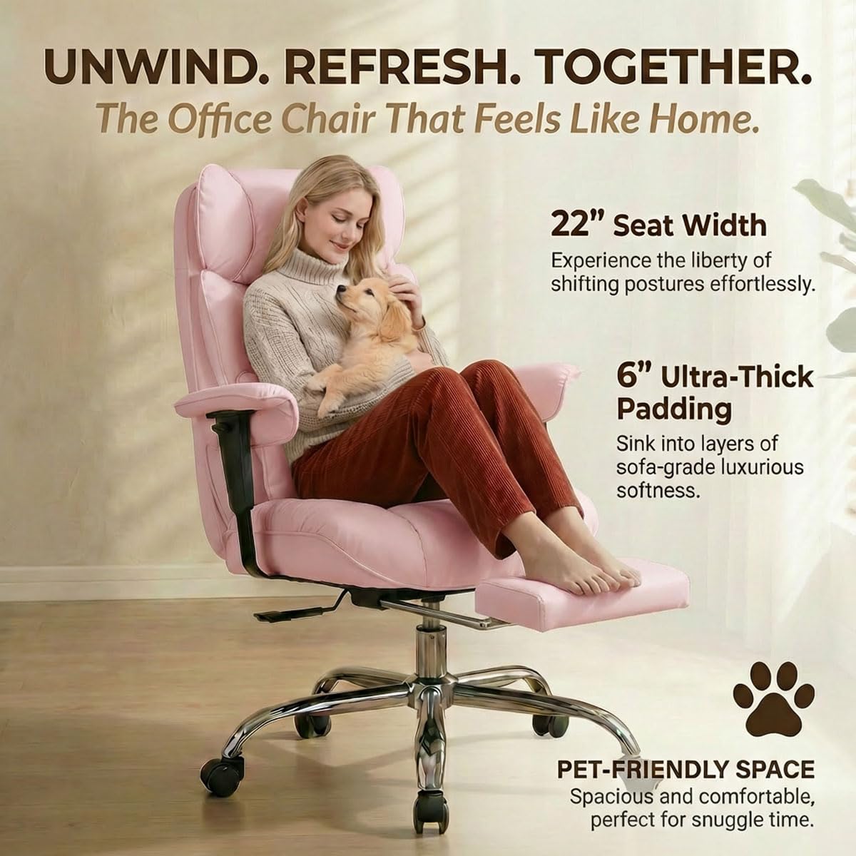 Efomao Big and Tall Office Chair 400lbs - Heavy Duty Reclining Desk Chair with Footrest, Spacious High Back PU Leather Executive Chair, Double-Layer Spring Support, Pink