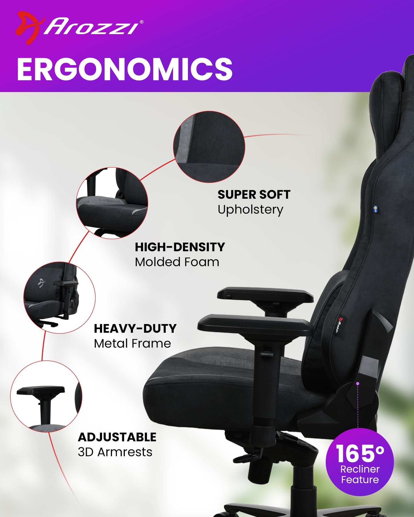 Arozzi Vernazza Supersoft Upholstery Material has a Unique Velvety Texture that is Fluid-Repellant and Breathable with Memory Foam Lumbar Support and 4D Armrest for Office and Gaming Chair - Black